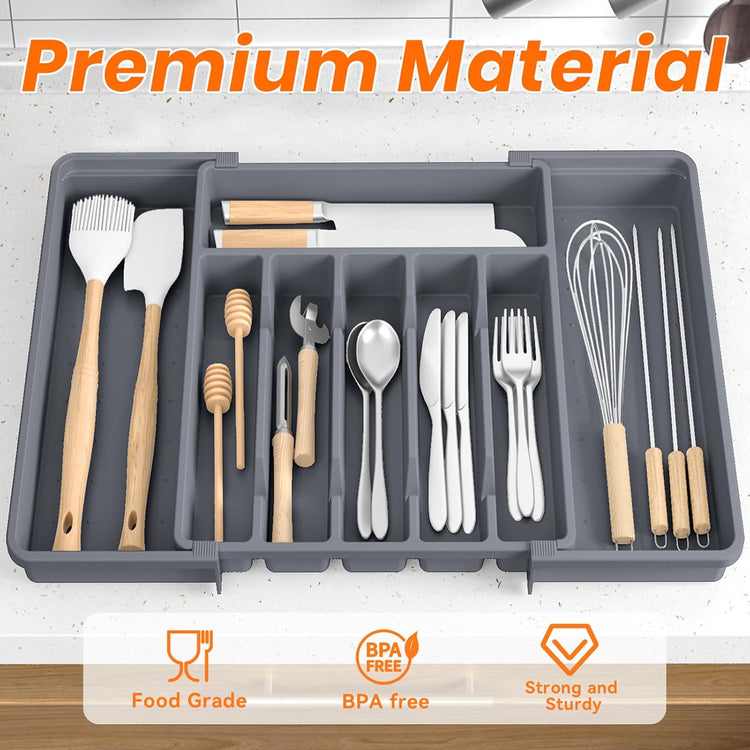 Large Silverware Organizer,Expandable Utensil Drawer Organizer,BPA Free Utensil Holder,Adjustable Silverware Tray Cutlery Drawer Organizer for Kitchen Flatware,Large,Grey (6-8 Slots)