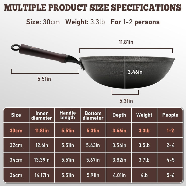HONGJIANG Cast Iron Wok Pan, 11.8" Pre-Seasoned Flat Bottom Wok,Coating-Free Wok Stir Fry Pan With Glass Lid,Compatible Traditional Chinese Wok For Induction, Electric, Gas,Open Fire