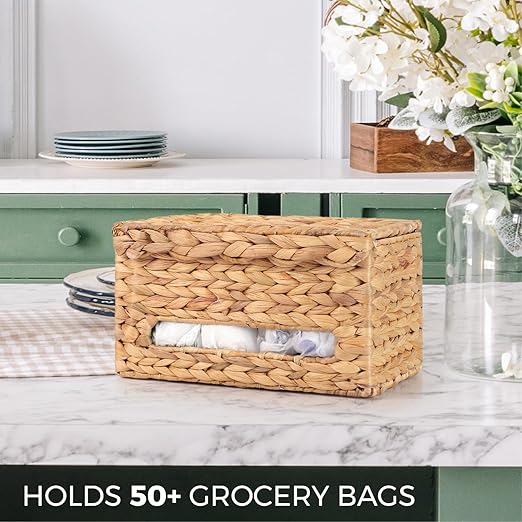 Trash Bag Holder with Scalloped Lid 13β30 Gallon Bags Roll Holder Wall Mount Water Hyacinth Garbage Bag Dispenser for Kitchen, Cabinet (Natural Water Hyacinth)
