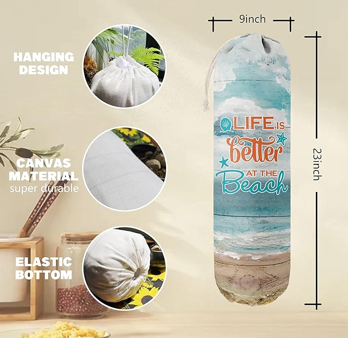 Life is Better at The Beach, Grocery Bags Holder Organizer for Shopping Bags,Wall Mount Plastic Bags Storage Container Dispensers, Gift for Women Mother Grandmother Friend