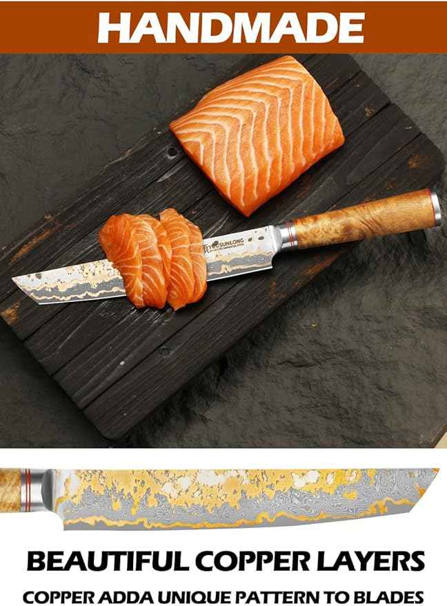 YOUSUNLONG Sashimi Slicing Knife - 8 Inch Sujihiki Yanagiba Knife - Super Sharp Slice - Japanese Handmade Copper Damascus Steel Blade - Naturel Burl Wooden Handle with Leather