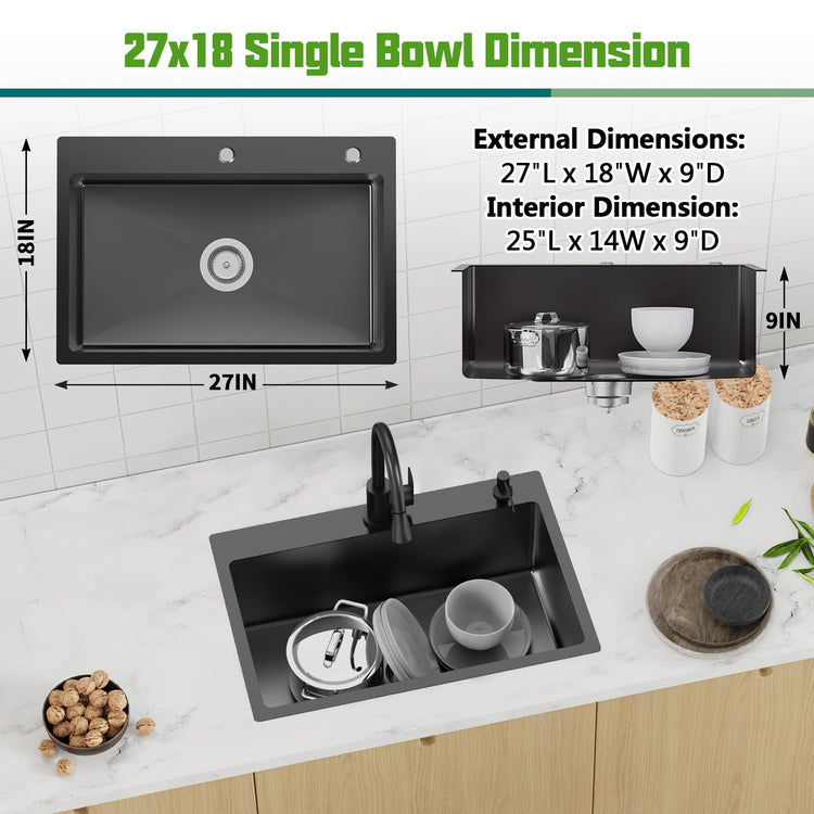 Black 27x18 Inch Kitchen And Bar Sink