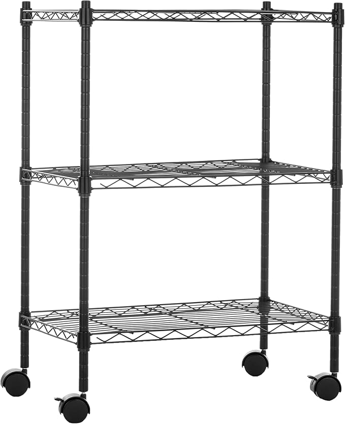 Amazon Basics 3-Shelf Adjustable Heavy Duty Storage Shelving Unit on 2" Wheels, Metal Wire Rack for Garage, Utility Shelving with Leveling Feet, 23.2" L x 13.4" W x 32.75" H, Black