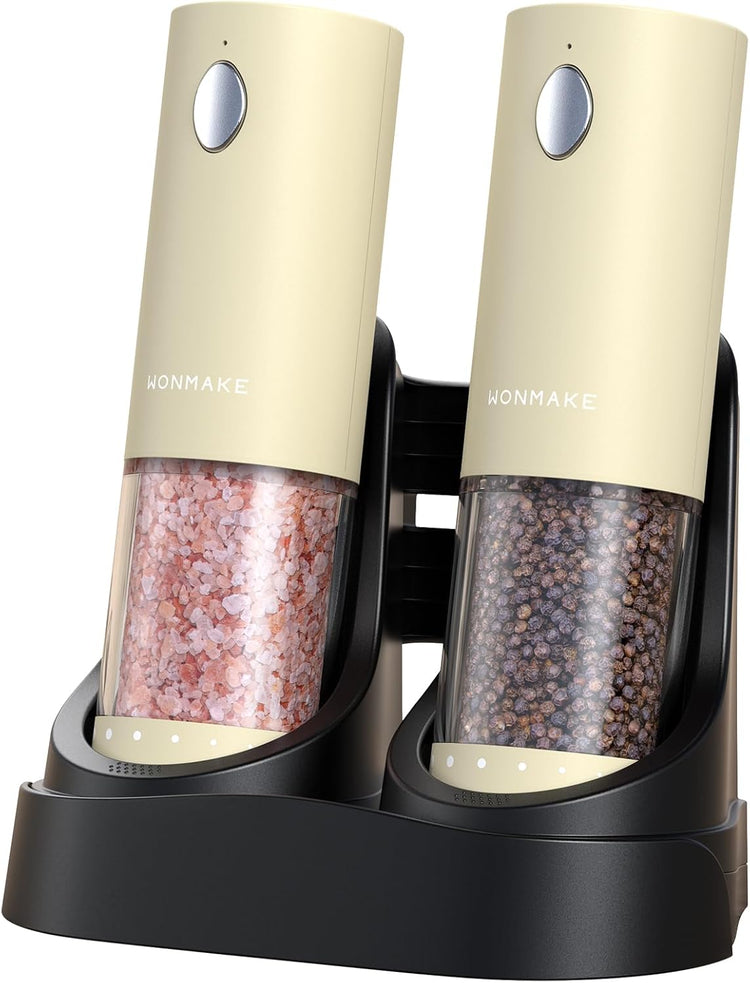 Electric Salt and Pepper Grinder Set - Automatic Refillable Salt and Pepper Grinders with Charging Base & LED Light, 6-Level Adjustable Coarseness with External Dial, Ideal Kitchen Gadget๏ผBeige