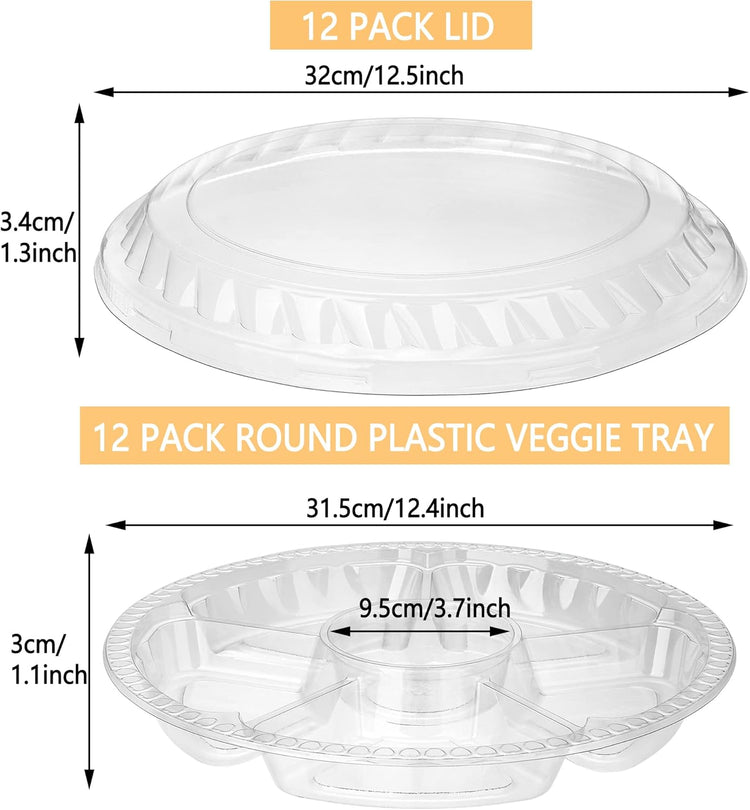 12 Pack Round Plastic Veggie Tray with Lid Fruit Tray 6 Divided Compartment Container Food Serving Dip Platter Reusable Catering Trays for Veggie Fruit Snack Party and Buffet Trays(Clear,12inch)