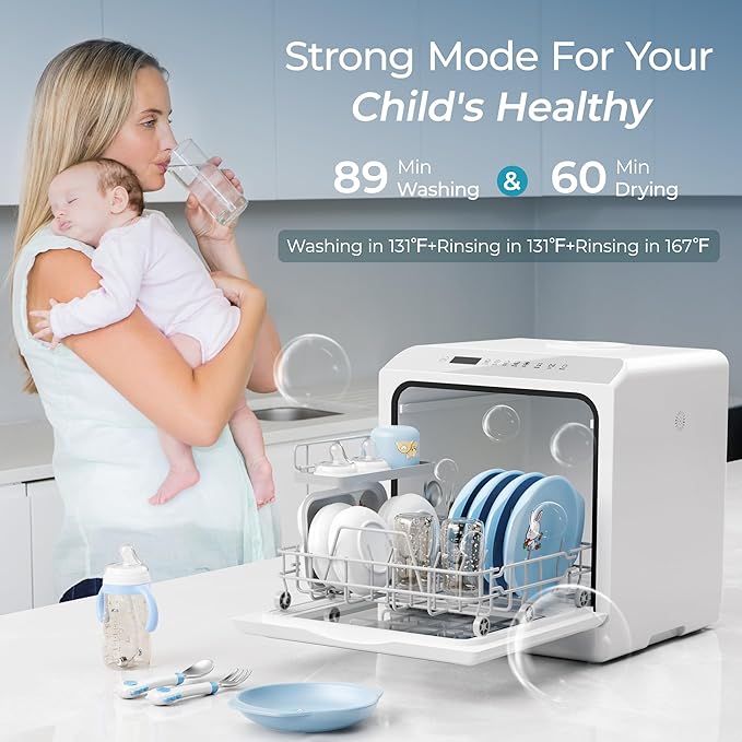 EUHOMY Countertop Dishwasher Portable with 6 Programs, 5L Built-in Water Tank for Apartments, 167โ High-Temp, No Hookup Needed, Mini Dishwasher with Baby Care, Air Dry/Quick/ECO/Fruit/Normal, White
