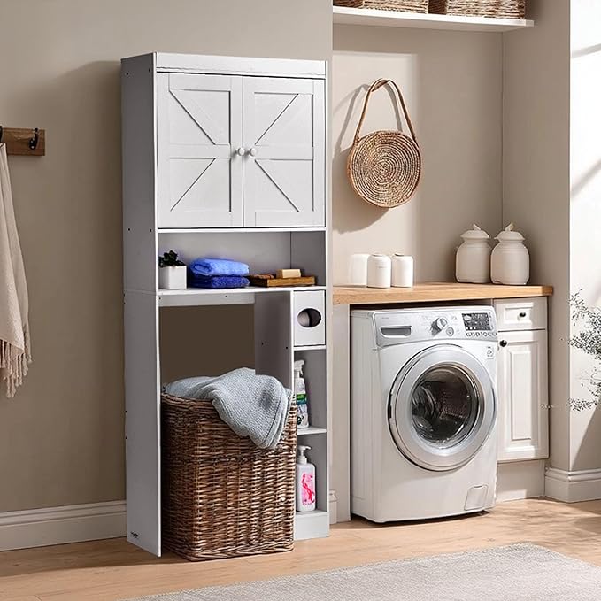 VEVOR Over The Toilet Storage Cabinet, 67.44‘’ Height Bathroom Storage Cabinet Over Toilet with Barn Door and Adjustable Shelf, Bathroom Space-Saving Toilet Rack White Wood with Open Shelf