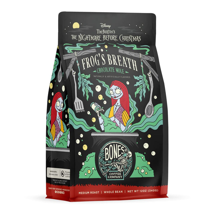 Bones Coffee Company The Nightmare Before Christmas Frog's Breath Flavored Coffee Beans, Whole Bean Coffee Medium Roast Low Acid, Chocolate Mole Flavor (12 oz)