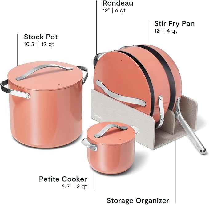 Caraway 24-Piece Nonstick Ceramic Cookware Set - Includes Fry Pans, Sauce, Sauté Pan, Dutch Oven, Petite Cooker, Stir Fry, Rondeau, Stock Pot, Lids & Storage Organizers - Perracotta