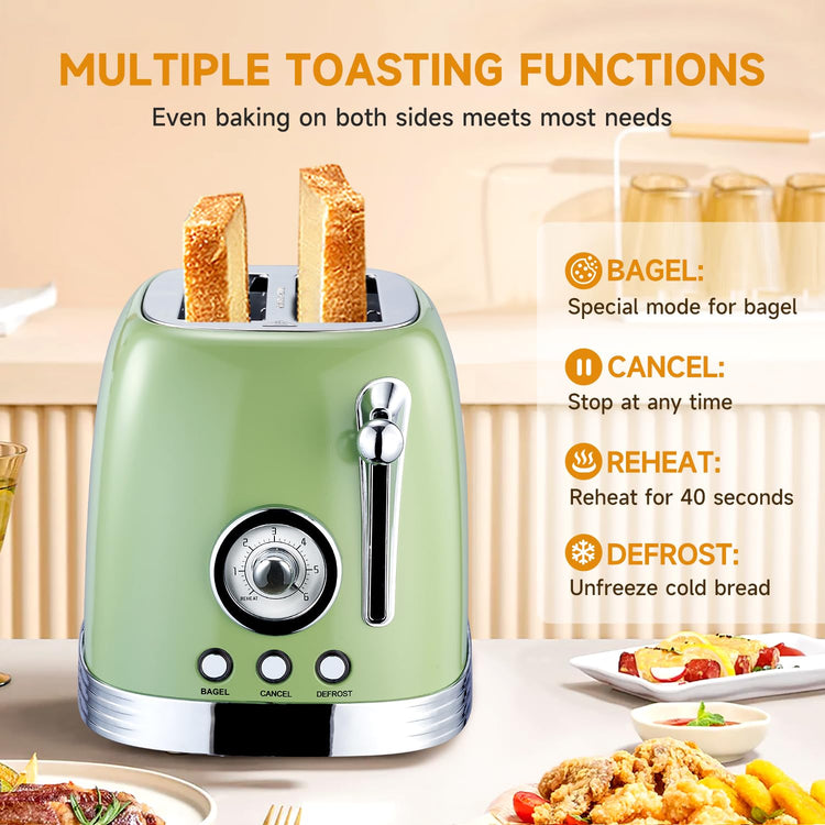 Green Cute Retro Toaster 2 Slice with 1.58" Wide Slots
