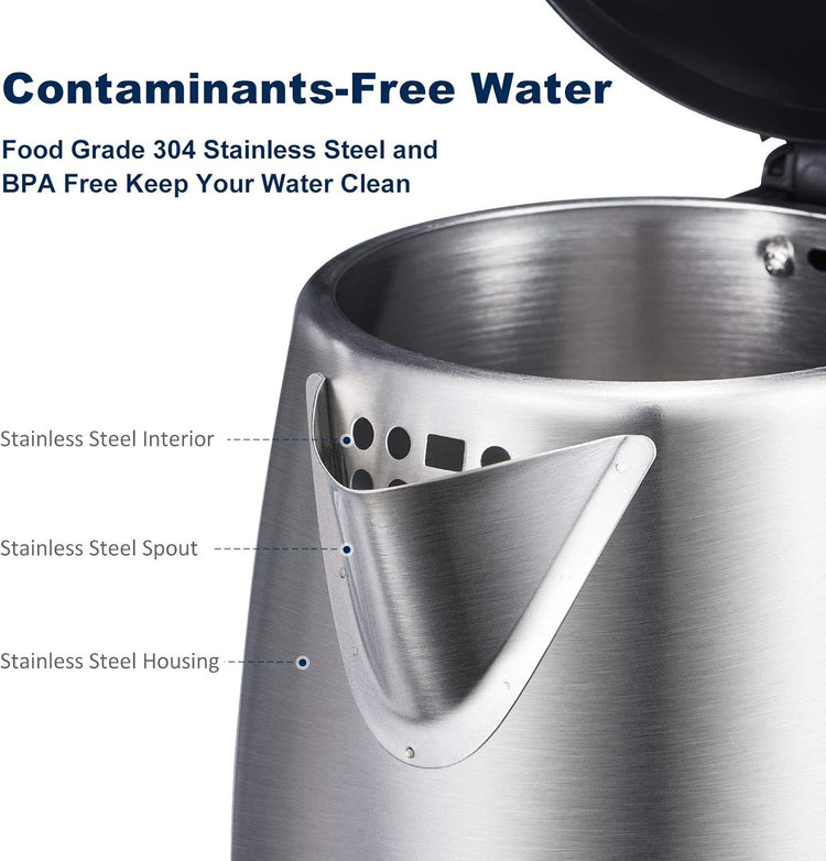 Electric Kettle, 1.7 Liter Stainless Steel Tea Kettle with Blue LED Light, Fast Heating Countertop Tea Maker Hot Water Boiler with Auto Shut-Off & Boil Dry Protection, Black