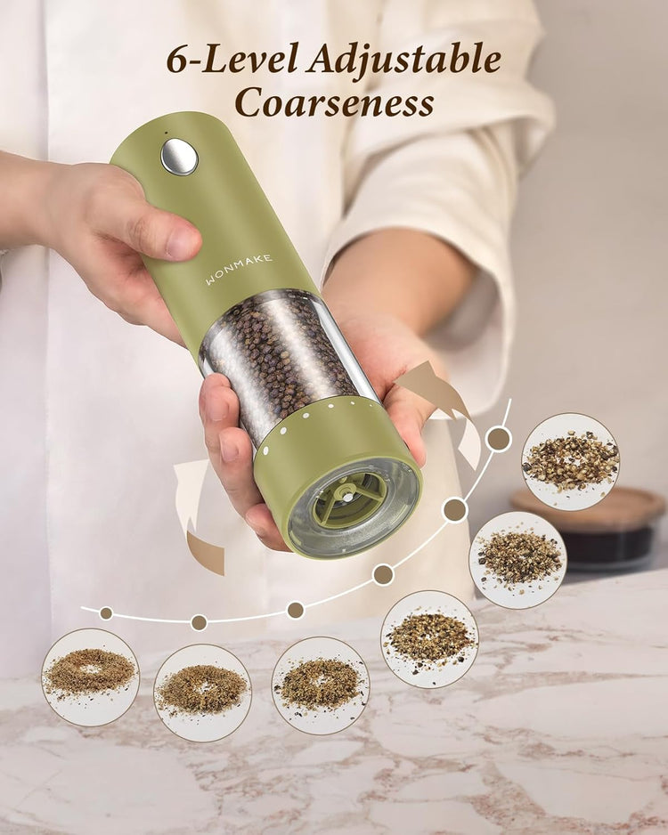 Electric Salt and Pepper Grinder Set - Automatic Refillable Salt and Pepper Grinders with Charging Base & LED Light, 6-Level Adjustable Coarseness with External Dial, Ideal Kitchen Gadget๏ผGreen