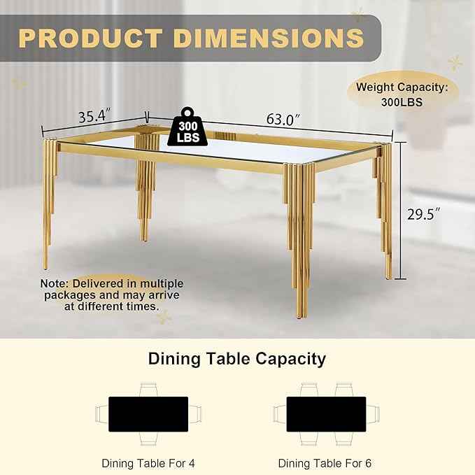 63'' Modern Glass Dining Table for 4-6 People,Tempered Glass Top Dining Room Table with Stainless Steel Base, Glass and Gold Dining Table for 6, Rectangle Dining Kitchen Table for Dinner