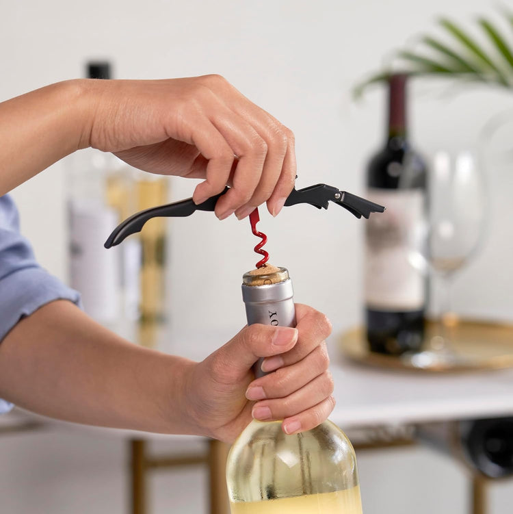 True Brands TrueTap Double Hinged Waiters Corkscrew, Top-notch Stainless Steel Opener with Foil Cutter Built to Last Wine Key Black Red, Set of 1