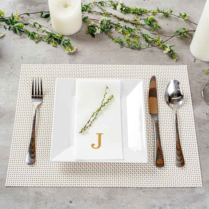 Luxenap 15.8 X 7.9 Inch Linen-Feel Guest Towels, 50 Lettered Hand Towels - Gold Letter 'J', Sans Serif Font, White Paper Dinner Napkins, airlaid, For Restrooms And Tables