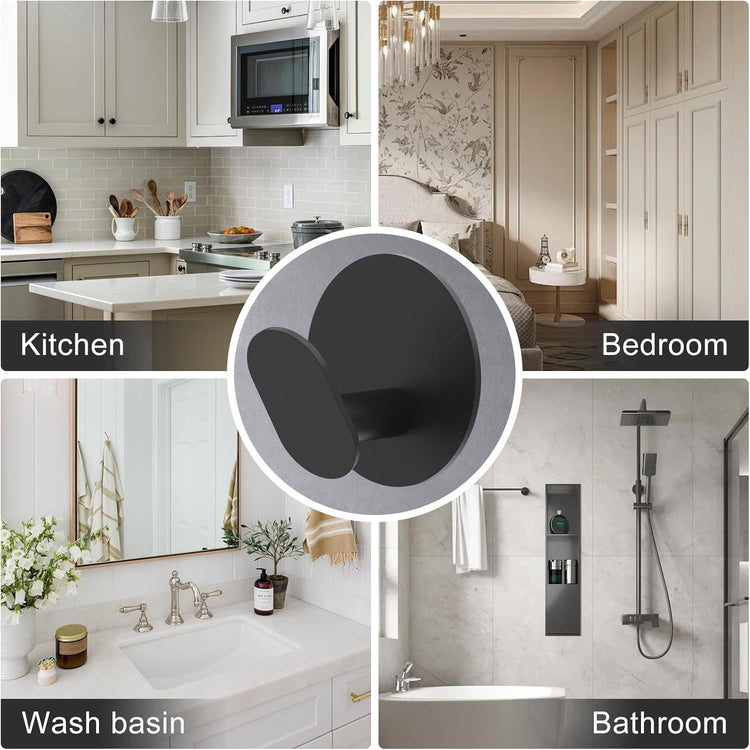 Adhesive Hooks, 4 Pack Towel Hooks Wall Hooks for Bathroom, Kitchen - Bath Robes Coat Hook for Hanging(Matte Black, Stainless Steel)