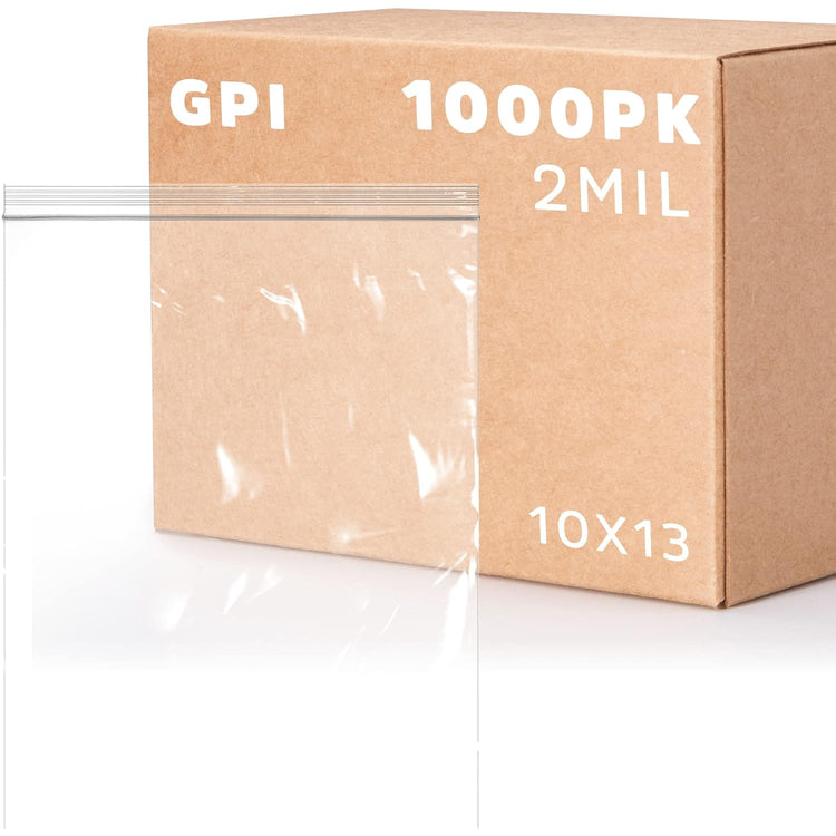 GPI Case of 1000, 10" X 13" Clear Plastic Reclosable Zip Bags - Bulk 2 Mil Thick Strong & Durable Poly Baggies with Resealable Zip Top Lock for Travel, Storage, Packaging & Shipping.