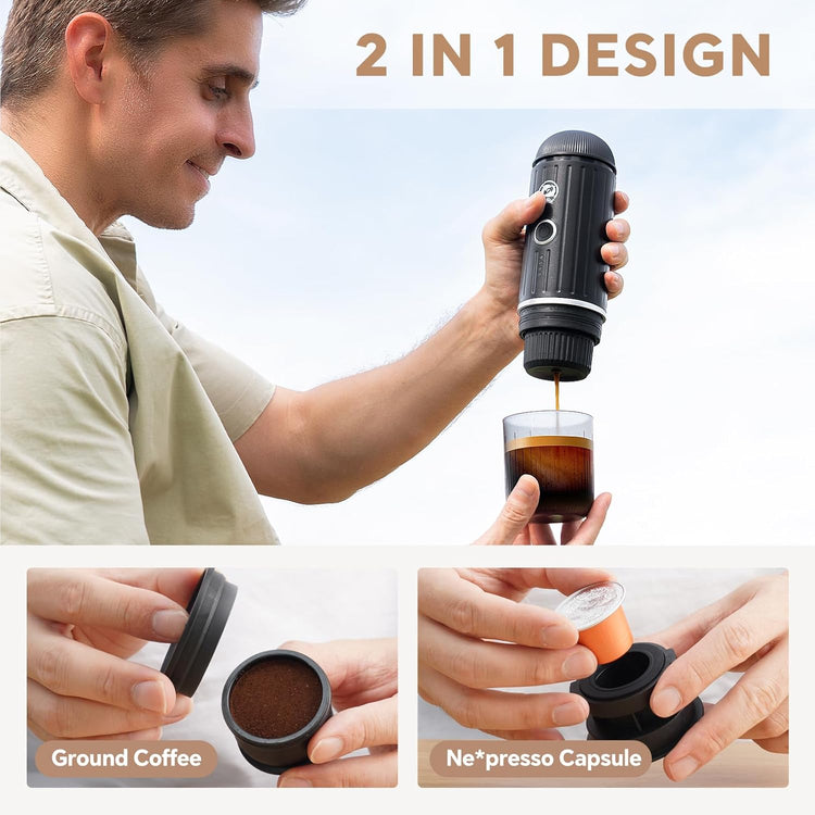 Rich Crema Portable Electric Espresso Coffee Maker, Fast self-heating 2 IN 1 Extraction System Espresso Machine, Support Ground Coffee and NS capsule, for Travel、Car、Hiking、Climbing(Black)