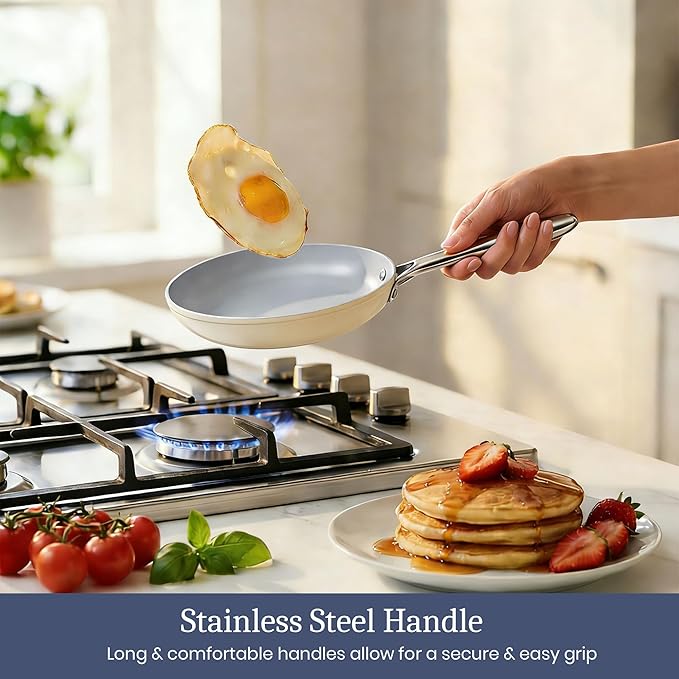 CookinCraze Ceramic Cookware Set, Pots and Pans Set Nonstick with Lid PFAS & PFOA Free, Induction Compatible Oven Safe Up to 500°F Even Heat Distribution, Light Cream