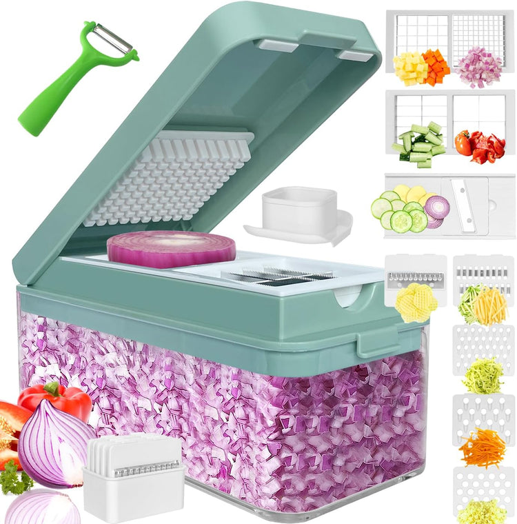 Vegetable Chopper, Onion Chopper Dicer, Mandoline Slicer, Food Chopper with Container, Vegetable Cutter for Salad Potato Carrot Garlic(10 Blades, Blue White)
