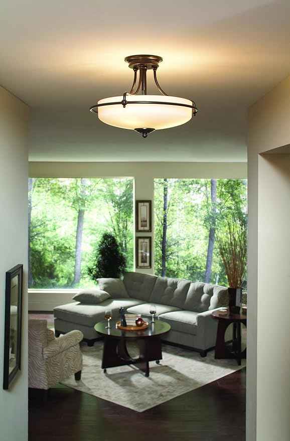 Quoizel Griffin Semi-Flush Mount Ceiling Light, 17 Inch 3-Light Palladian Bronze Opal-Etched Frosted Glass Shade, Hanging Light Fixture for Hallway, Kitchen, Bedroom, Dining, Farmhouse or Office