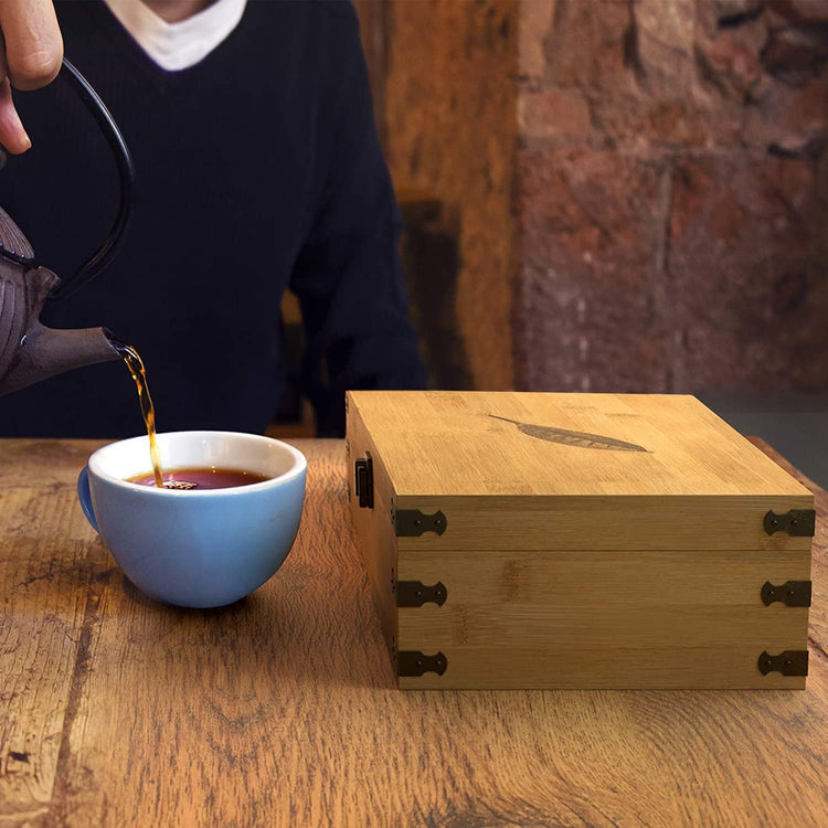 Bamboo Tea Organizer Box Chemical Free Eco-Friendly Big, Tall, Adjustable Cubbies Natural Wooden Storage Chest (4-Slot Square 7.4" x 8.1" x 4.2" with Tea Leaf Design)