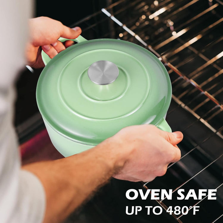 3QT Dutch Oven Pot with Lid, Leonyo 3 Quart Enameled Cast Iron Dutch Oven for Sourdough Bread Baking, Heavy Duty Cookware for Braising, Stews, Roasting, Pistachio Green - Nestoria