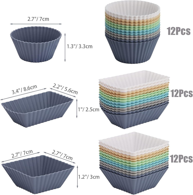 36-Pack Silicone Cupcake Liners, Reusable Muffin Cups – Round, Square & Rectangle Baking Cups, Non-Stick, Easy to Clean, Bento Box Accessories, Lunch Box Dividers for Kids(36 Liners + 20 Animal Picks)
