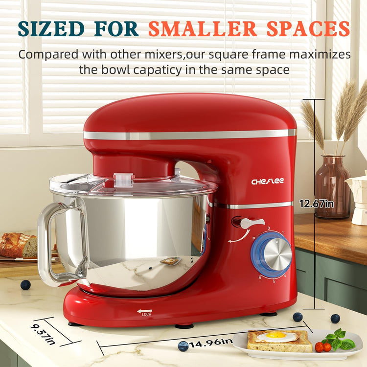 CHeflee Stand Mixer,600W 6+P With 6.5QT Stainless Steel Bowl,Dough Hook, Wire Whip & Beater,for Most Home Cooks,Red