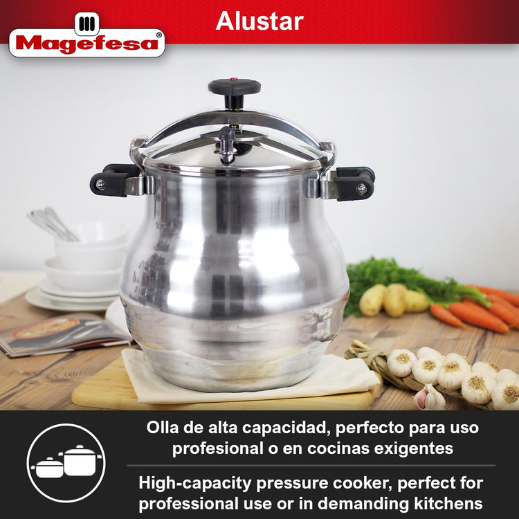 Magefesa Alustar 23.2-Quart Aluminum Pressure Cooker – Extra-Thick Construction, Thermodiffusion Base, 3 Safety Systems, Professional-Grade - Nestoria