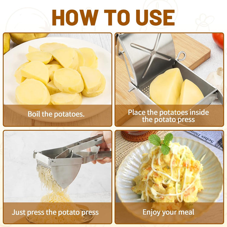 Potato Ricer, Heavy Duty Stainless Steel Professional Ricer for Mashed Potatoes and Ricer Kitchen Tool, Mash Potato Masher for Creamy Mashed Potatoes (Silver)