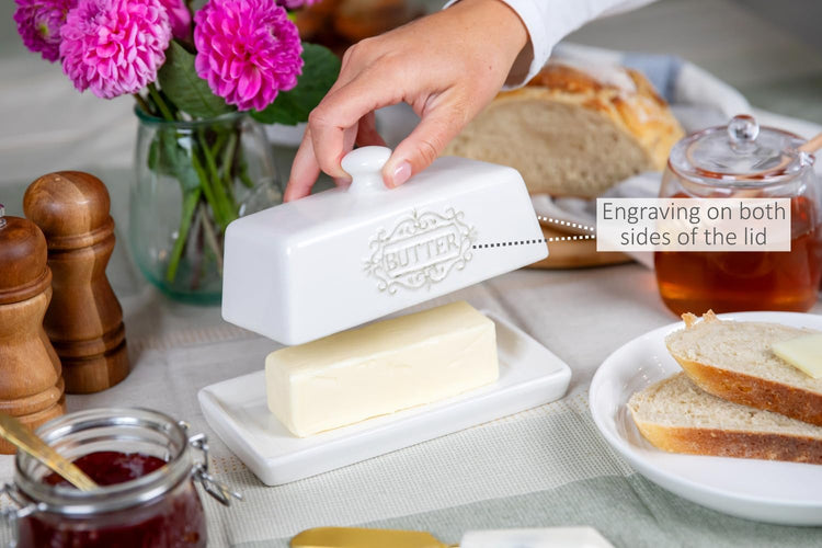 Covered Butter Dish with Lid - Elegant Engraved Butter Holder with Lid - Ceramic Butter Stick Holder Tray Holds Any Size Stick - Decorative Butter Keeper Container for Countertop & Fridge - 7.7" x 4"