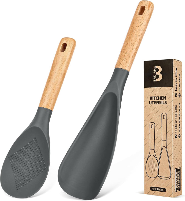 Cooking Spoon and Rice Scooper for Nonstick Cookwares, Great for Cooking and Serving Sturdy BPA-Free Matte Silicone, Wood Handle Spoon for Mixing, Scoop, and Scrape (GREY) - Nestoria