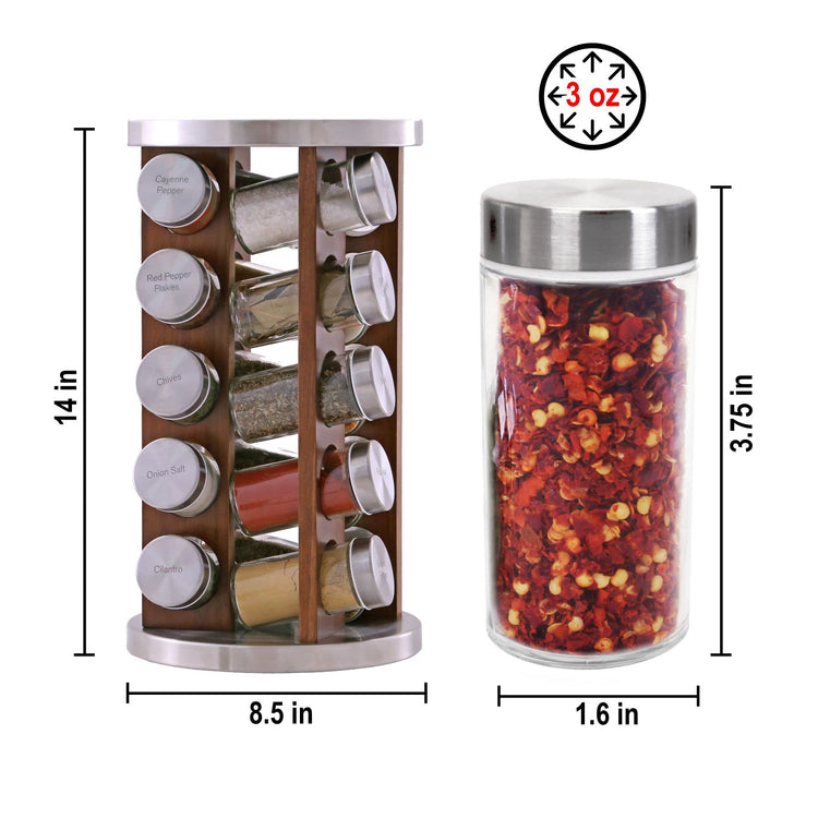 20 Jar Rotating Dark Acacia Wood Spice Rack with Spices Included & 5