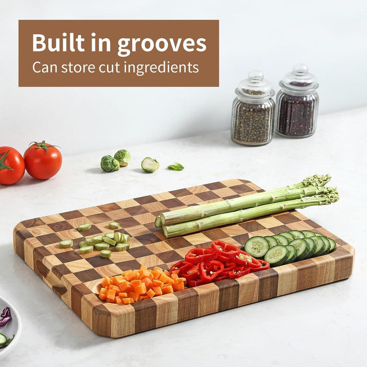 Large wood Cutting Board for Kitchen with Juice Handles , Chopping Board Cheese Charcuterie Board (Checkered cutting board)