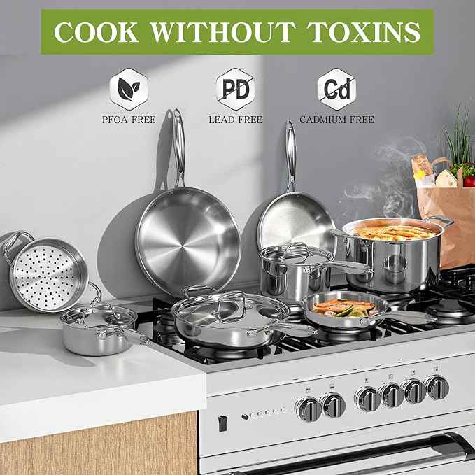 Triple Ply Stainless Steel Pots and Pans Set, EWFEN 12 Piece Induction Cookware Set, Oven Dishwasher Safe | Frying Pans, Saucepans, Saute Pan & Stock Pot, PFOA Free Kitchen Skillet