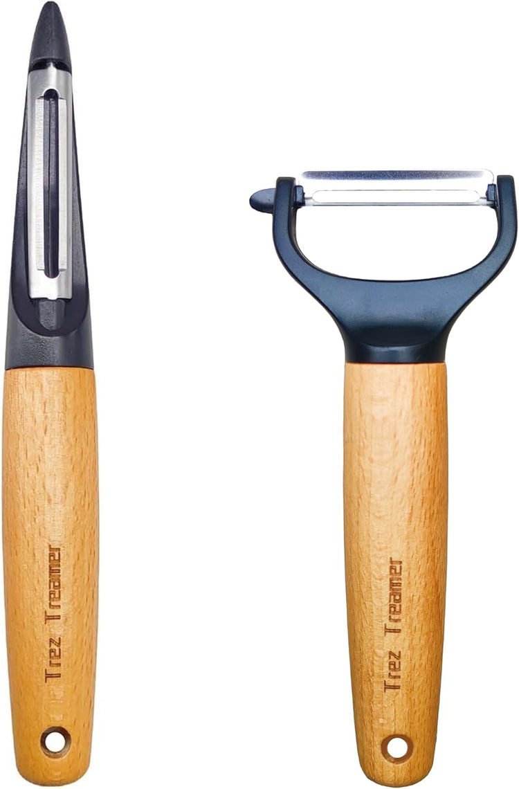 Trez Treamer 2 pack Vegetable Peelers for Kitchen, Super Sharp Wooden Potato Peeler Set Apple Cucumber Carrot Fruit Potatoes Veggie Peeler Bulk with Stainless Steel Blade,Dishwasher Safe