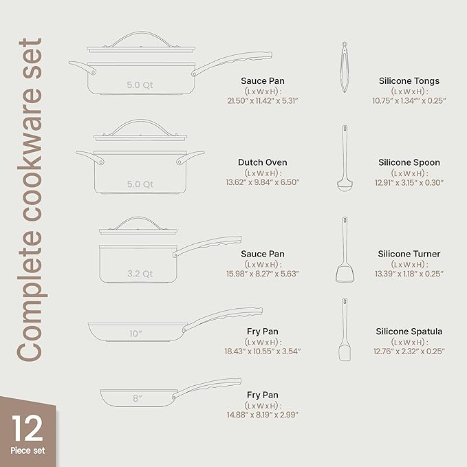 Bakken 12-Piece Aluminum Cookware Set with Ceramic Nonstick Coating, PTFE & PFAS Free, All Stovetop Safe Up To 500°F, Pots and Pans Set with Lids, Silicone Utensils Included, Dishwasher Safe, Blue
