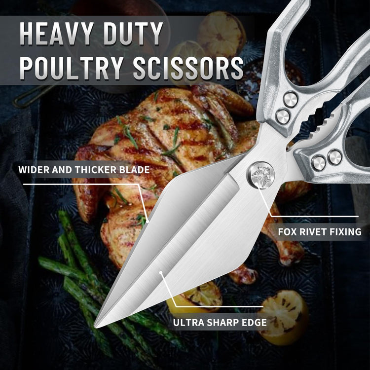 Heavy Duty Poultry Shears for Food with Silver Ergonomic Handle