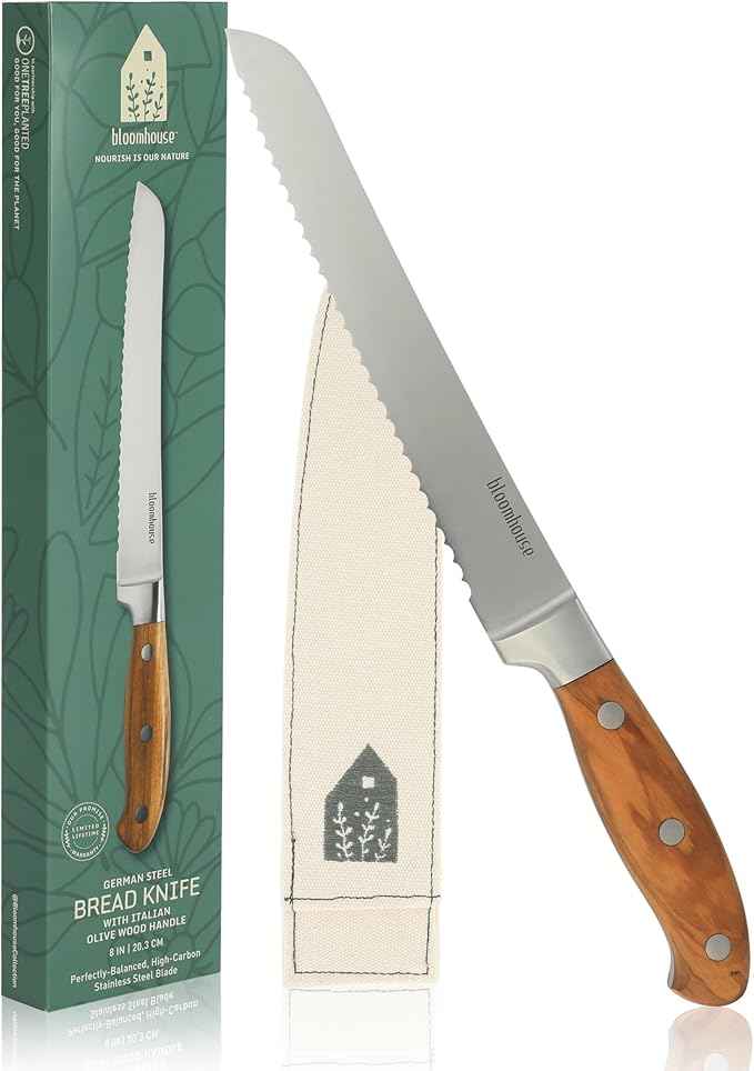Bloomhouse - Two Time Oprah's Favorite Things Winner - 8-Inch Bread Knife – German Stainless Steel Serrated Blade with Forged Italian Olive Wood Handle, Full Tang Knife for Artisan Bread & Baking