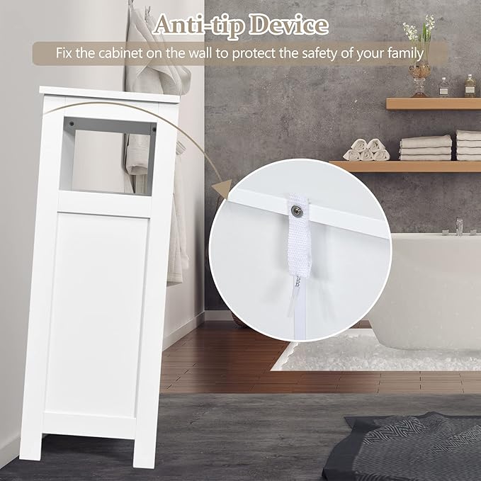 COSTWAY Bathroom Storage Cabinet, Wooden Side Storage Organizer with Louver Doors & Removable Shelf, Freestanding Floor Cabinet for Living Room, Kitchen, Entryway (White)