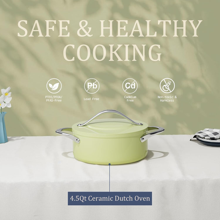 Stock Pot 4.5qt Dutch Oven with Lid (9.5") Nonstick Ceramic Coated Non-Toxic PFAS-Free Even Heat Distribution for Braising, Baking Bread & Soups, Compatible for All Cooktops(Induction/Gas/Electric) Oven Safe to 500ยฐF (Avocado Green)