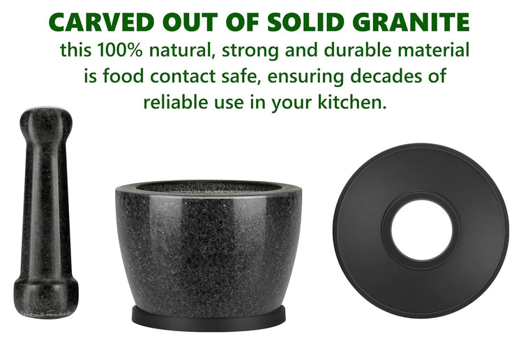 Mortar and Pestle Set Carved from Natural Granite - Heavy Duty, 2 Cup
