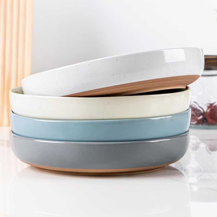AmorArc 8.75'' Large Ceramic Pasta Bowls, 36oz Handpainted Stoneware Bowls Set of 4, Microwave&Dishwasher Safe Bowls with Rustic Terracotta Underside for Pasta Salad, Multi-Color