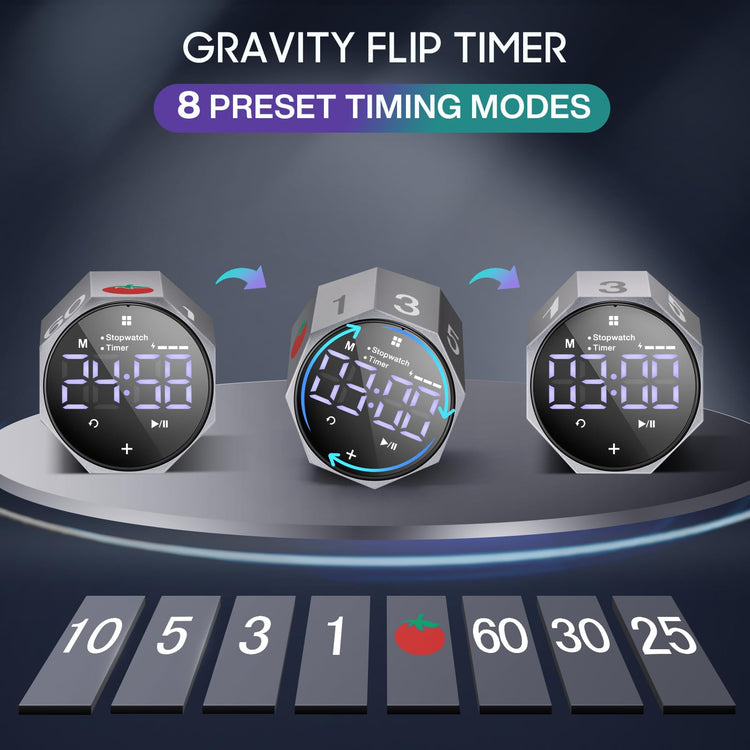 ADHD Pomodoro Timer Metal Gravity Rotation 1.8” LED Large Screen