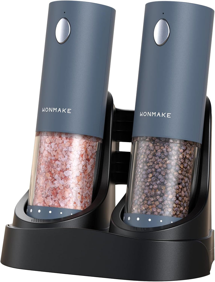 Electric Salt and Pepper Grinder Set - Automatic Refillable Salt and Pepper Grinders with Charging Base & LED Light, 6-Level Adjustable Coarseness with External Dial, Ideal Kitchen Gadget๏ผBlue