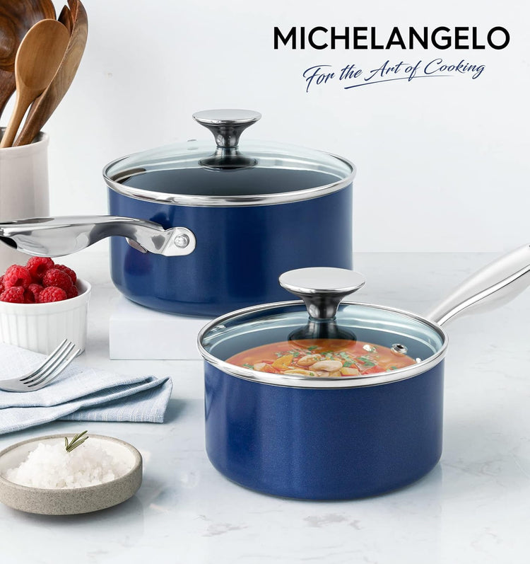 MICHELANGELO Saucepan Set, 1Qt & 2Qt Ceramic Sauce Pan with Lid, Nonstick Saucepans with Lids, Small Pot with Stainless Steel Handle, Oven Safe, Blue - Nestoria
