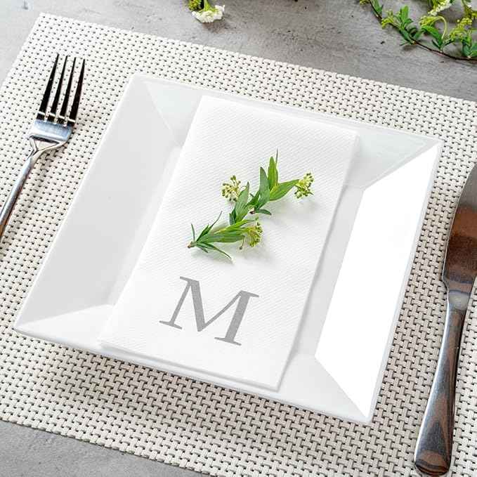 Luxenap 15.8 X 7.9 Inch Linen-Feel Guest Towels, 50 Lettered Hand Towels - Silver Letter 'M', Sans Serif Font, White Paper Dinner Napkins, airlaid, For Restrooms And Tables - Restaurantware