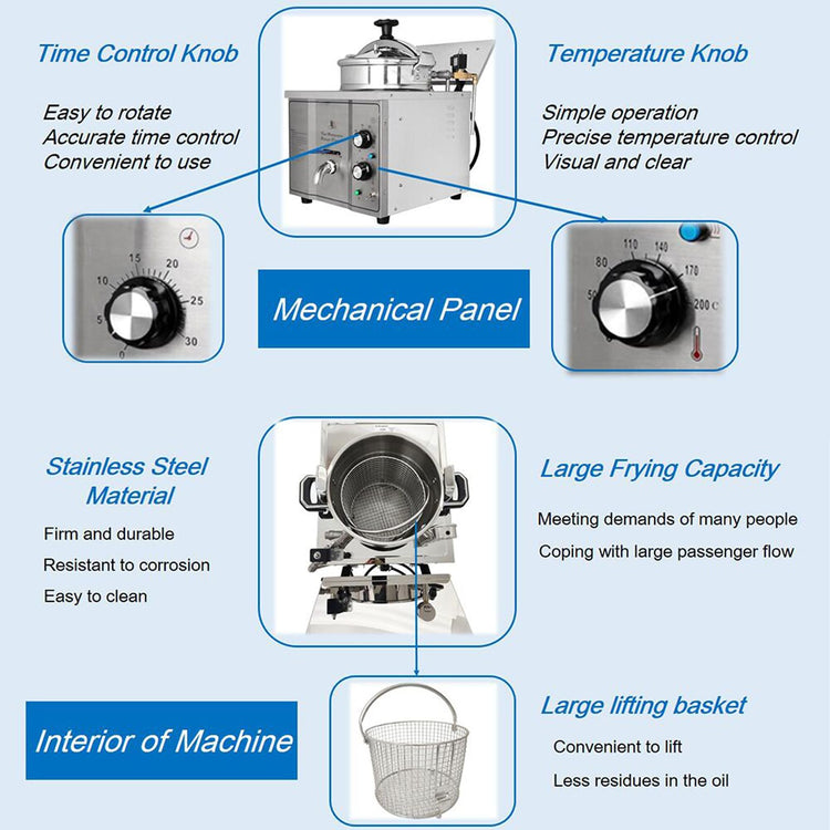 16L Commercial High Pressure Fried Chicken Stove Chicken Deep Fryer Electric Countertop Pressure Fryer with a Fitted Timer 110V 2.4KW