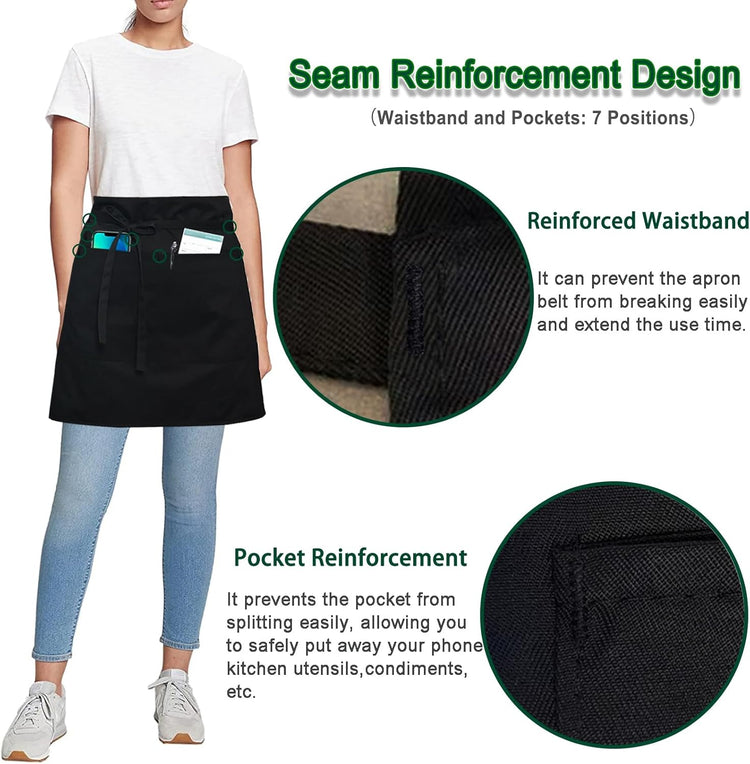 4 Pack Short Server Waitress Chef Apron, Black Waist Aprons with 3 Pockets for Women Men, Half Apron for Waiter Cooking Dishwashing Cleaning Painting Gardening Barbecue (Polycotton - Black)